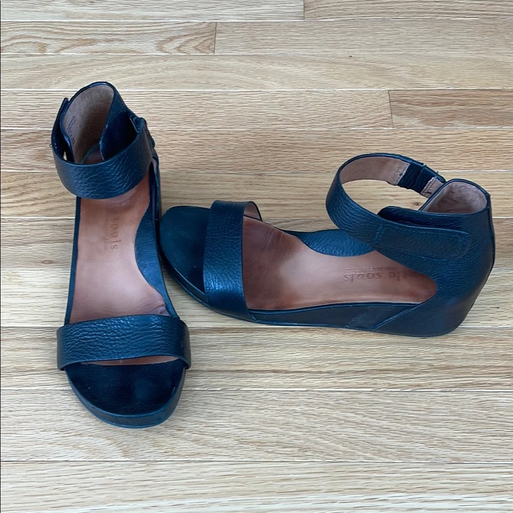 gentle souls Black Leather Wedge Sandals - Picture 1 of 3